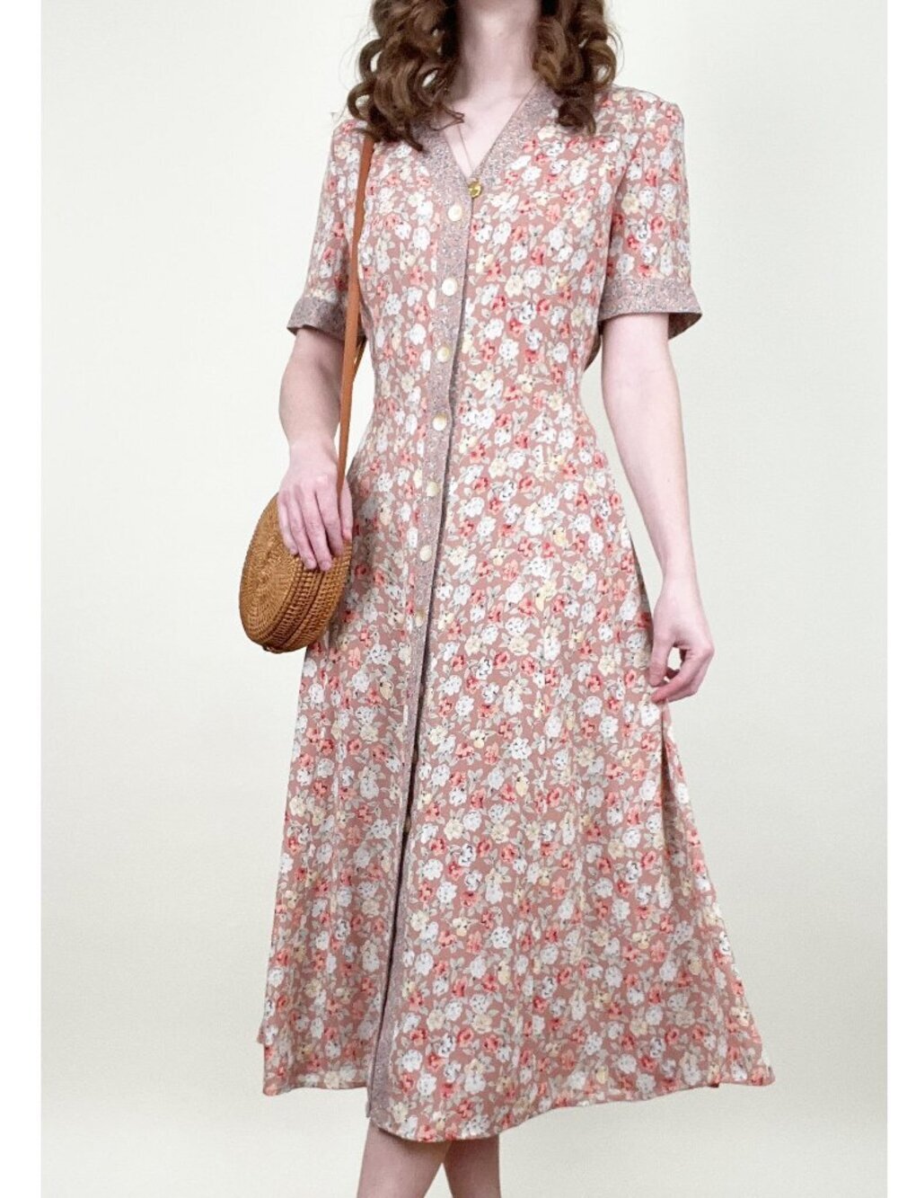 Vintage 90s Romantic Midi Sun Dress Floral Print Cottagecore Shirtdress Sundress